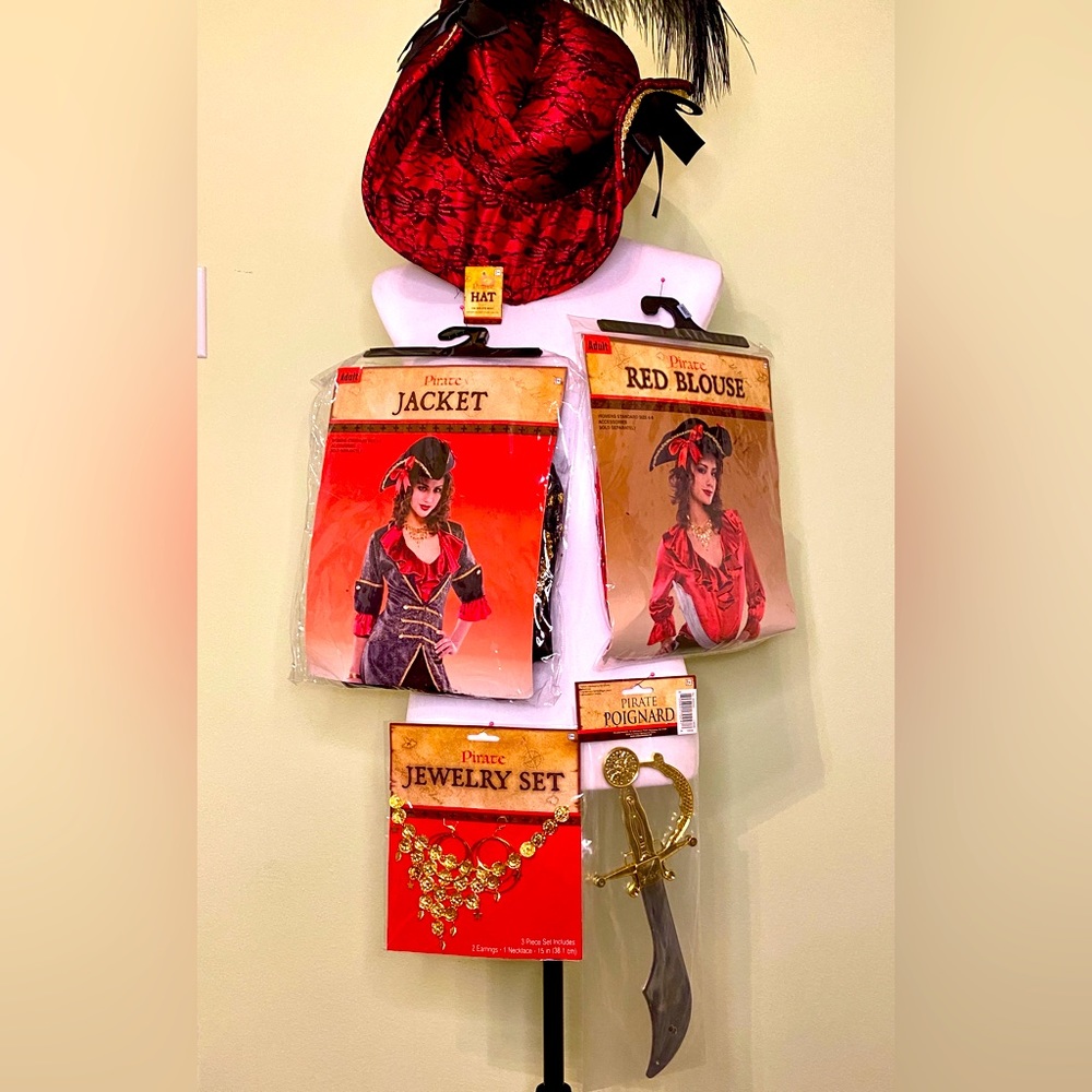 NWT - PIRATE costume!Size: 6-8 women’s adult. Hat,blouse,jacket,necklace,sword